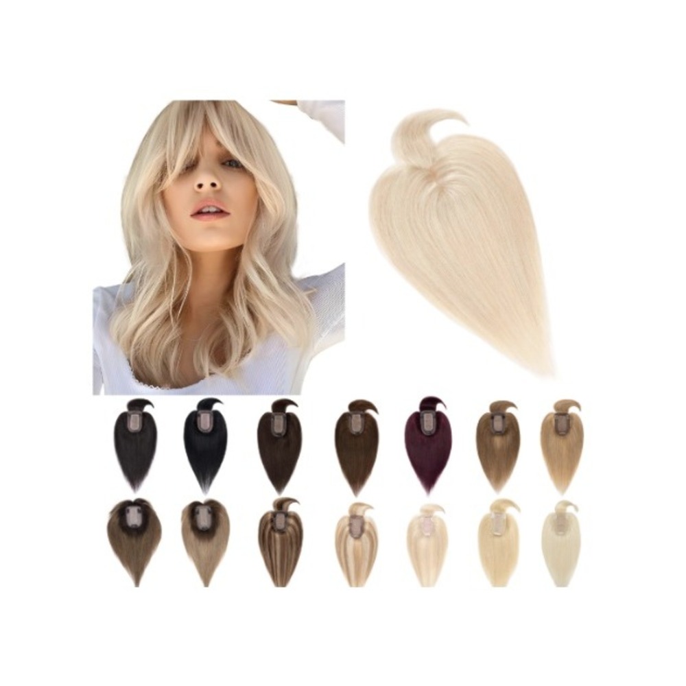 SEGO Human Hair Topper with Bangs 6in Ash Blonde Bleach Silk Base Remy Hairpiece